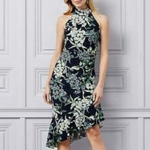 Floral print knit mock neck ruffle dress
